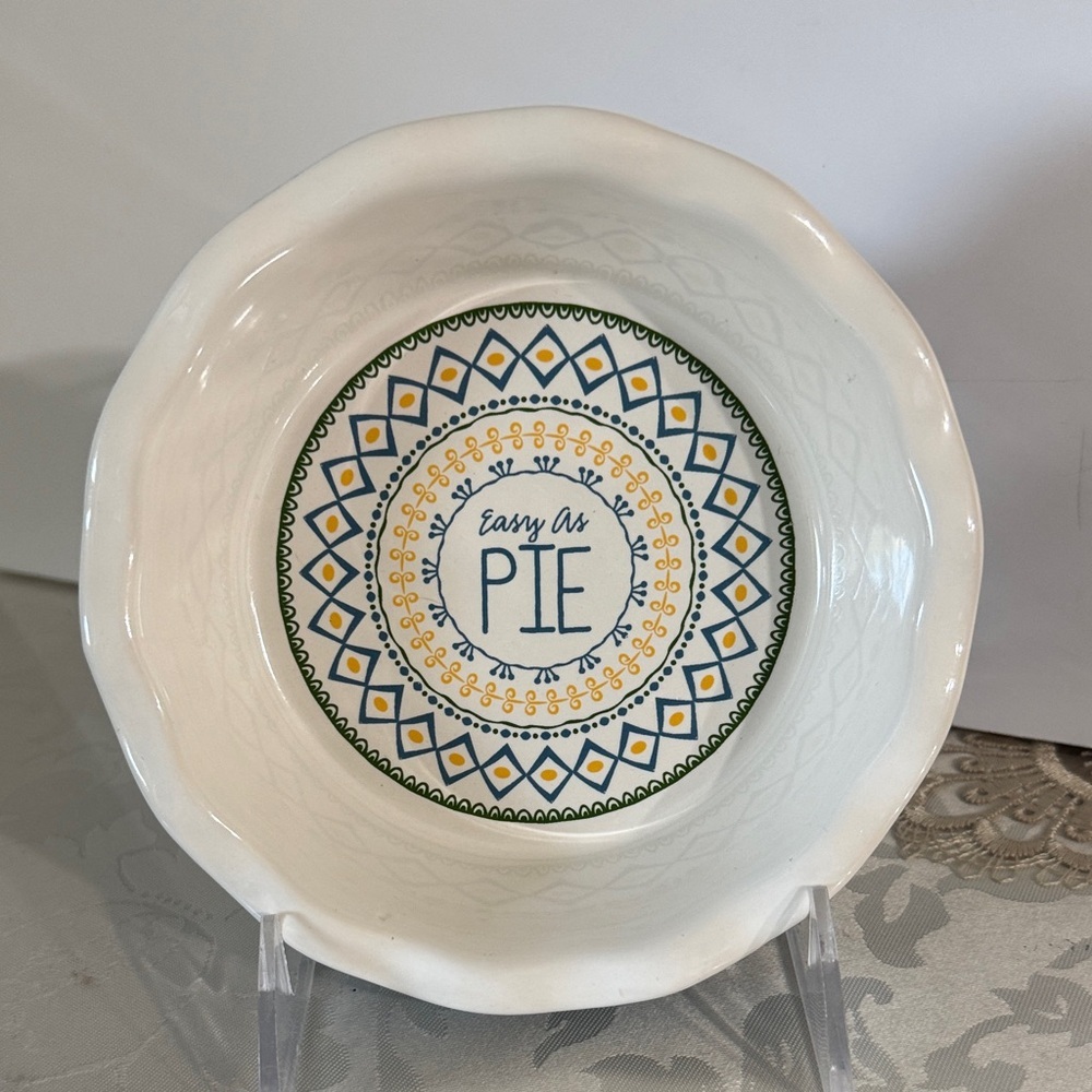 Celebrate It small Ceramic Pie Dish with Blue and Yellow Design 6” inch